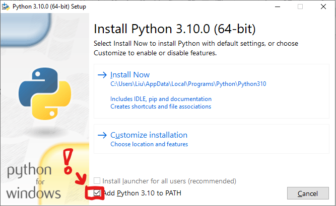 'A screenshot of showing the checked box to add Python to PATH.'